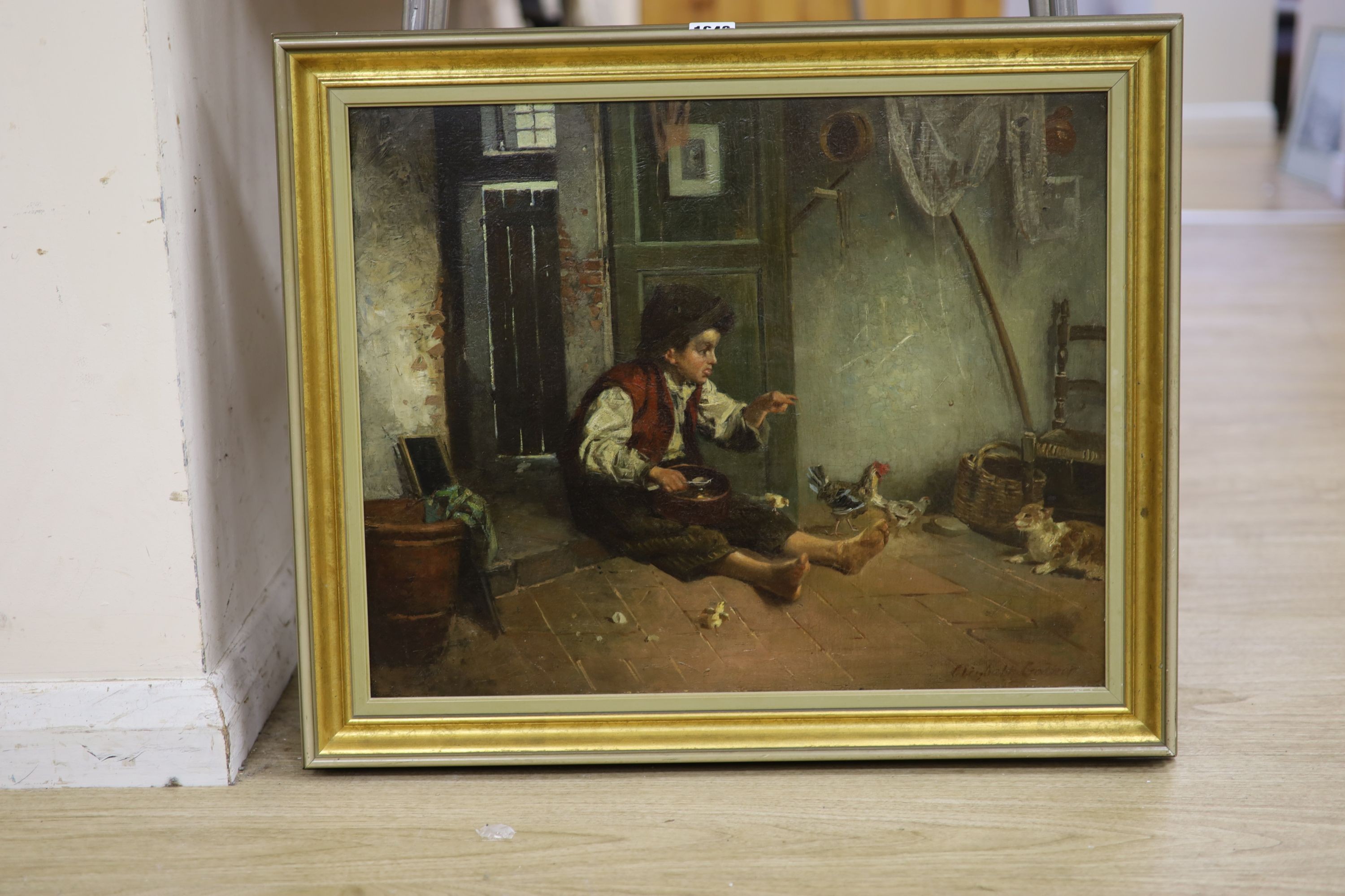 Elizabeth Godner, oil on canvas, Italian child with chickens and cat, signed, 42 x 52cm